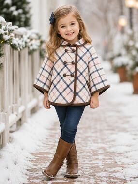 Janie and Jack Girls Years 3-4 Plaid Brush Twill Poncho White Pink Blue Brown